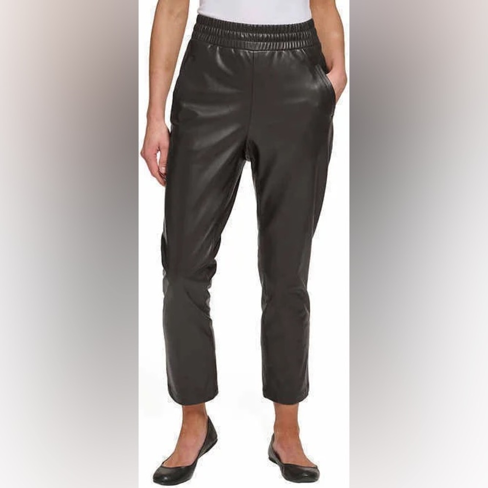 DKNY Jeans black faux leather pull on pants with side pockets XL NWT